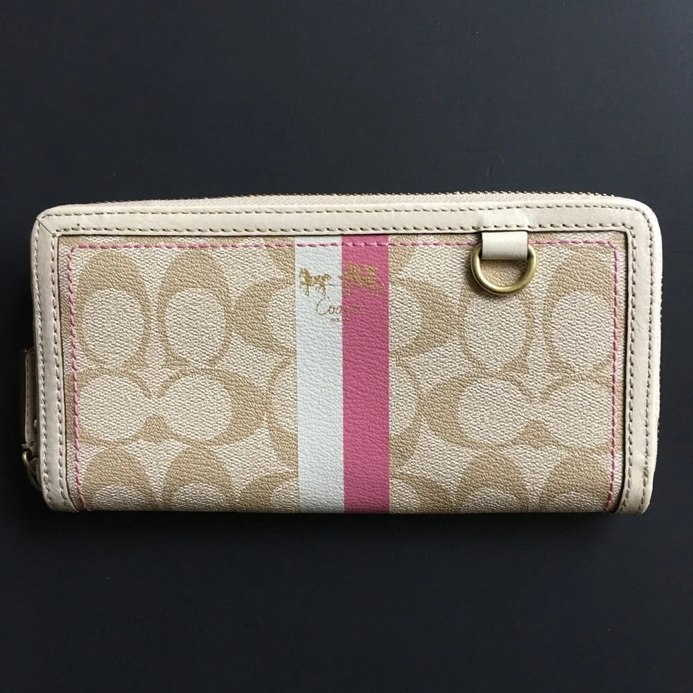 Coach Heritage Accordion Wallet Stripe Signature Tan Pink Monogram Canvas Zip - Picture 1 of 10